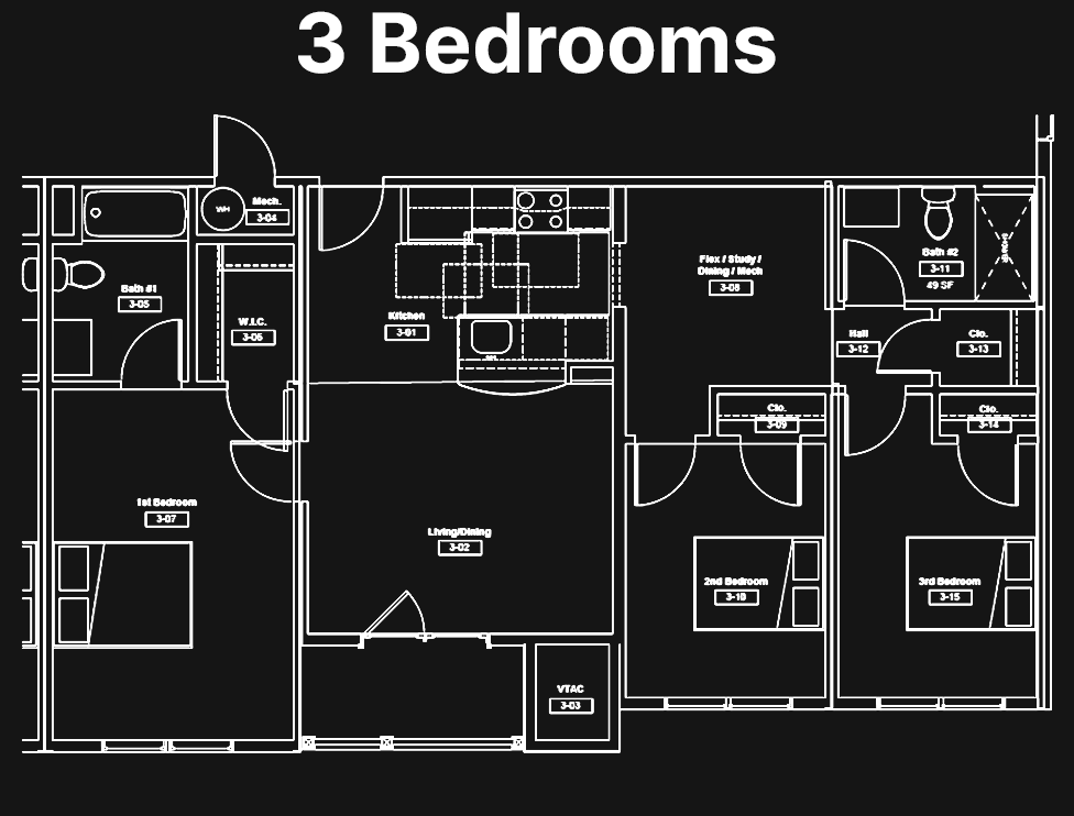 Three Bedrooms Residential Unit Floorplan