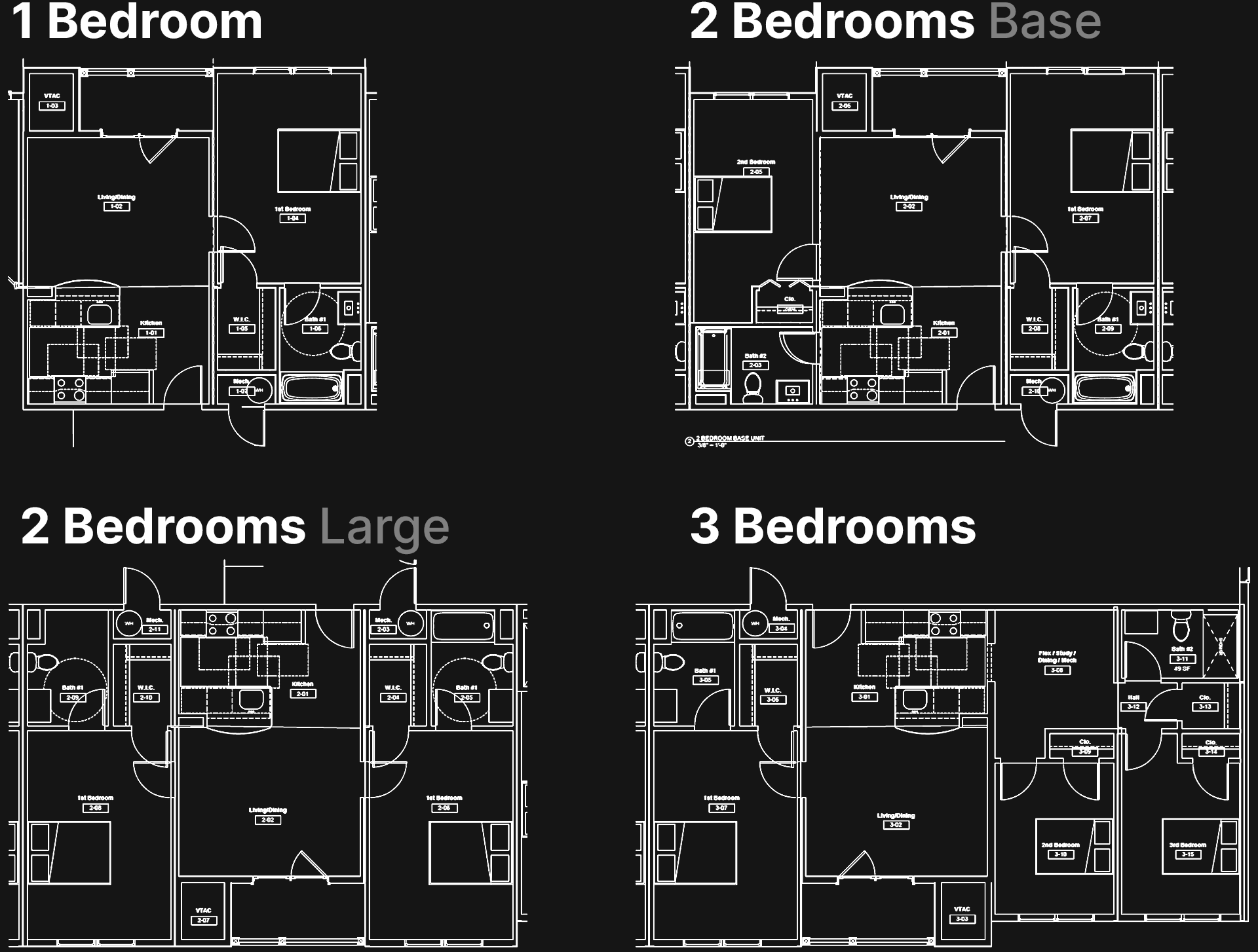 One Two and Three Bedroom Residential Unit Floorplans